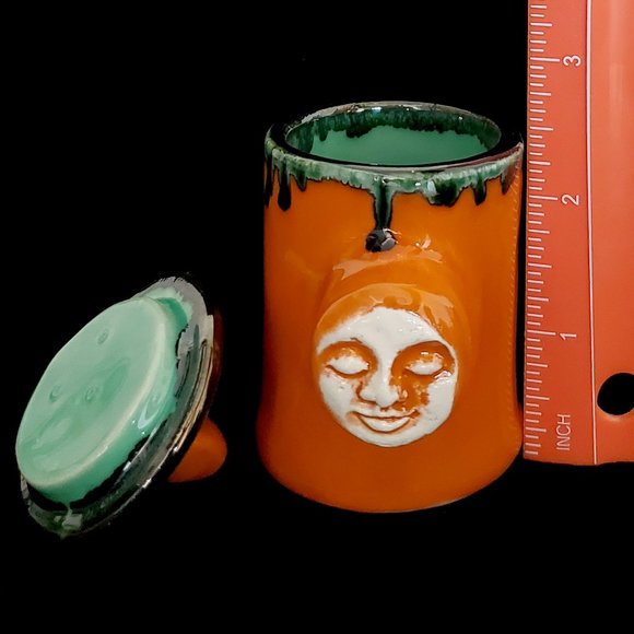 Handmade Small Ceramic Moon Face Stash Jar, Tigerlily Orange - Picture 8 of 9